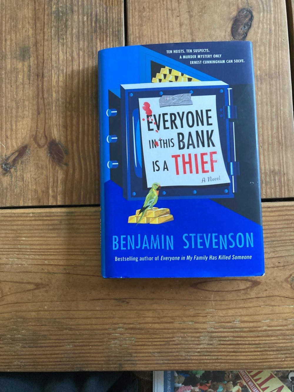 Everyone in this bank is a thief. Blue Hardcover Novel. Benjamin Stevenson
